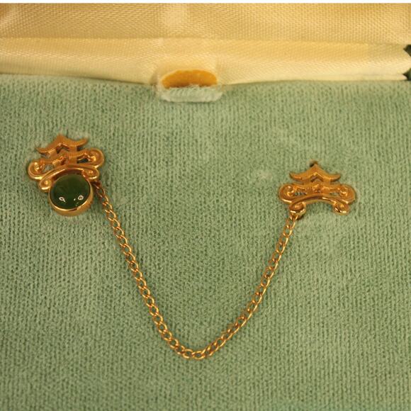 VTG Van Dell 12 kt Gold Filled Sweater/Scarf Tie Tack Brooch Duo W/ Chain - Picture 1 of 7
